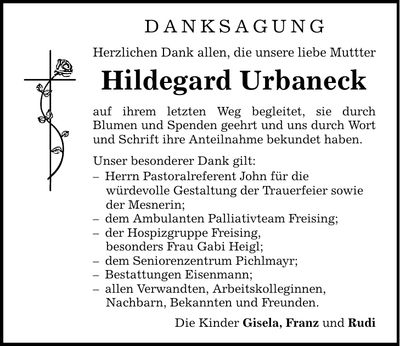 Traueranzeige Hildegard Urbaneck