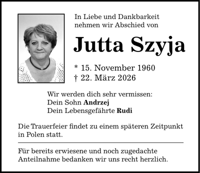 Traueranzeige Jutta Szyja