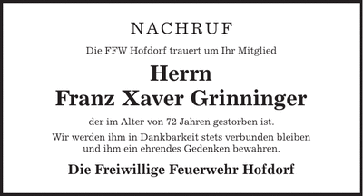 Traueranzeige Franz Xaver Grinninger
