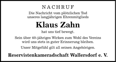 Traueranzeige Klaus Zahn