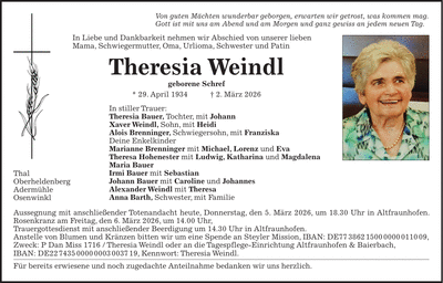 Traueranzeige Therese Weindl