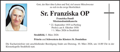 Traueranzeige Sr. Geraldine OP