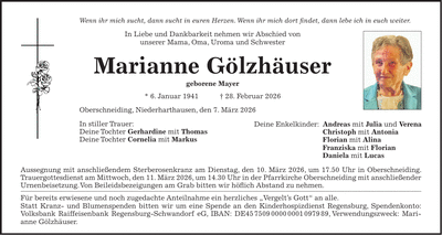 Traueranzeige Marianne Gölzhäuser