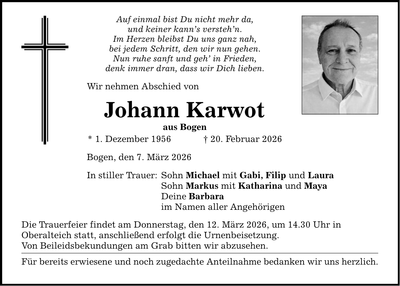 Traueranzeige Johann Karwot