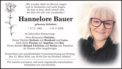 Traueranzeige Hannelore Bauer