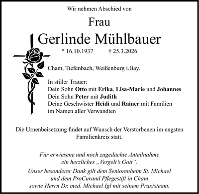 Traueranzeige Gerlinde Mühlbauer