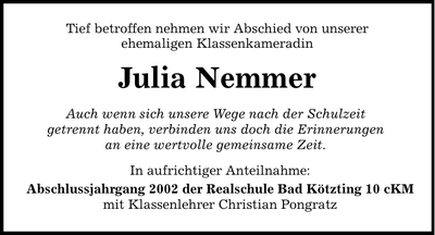 Traueranzeige Julia Nemmer