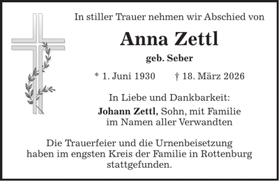Traueranzeige Anna Zettl