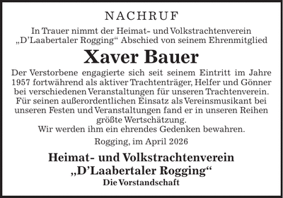 Traueranzeige Xaver Bauer