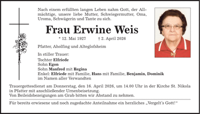Traueranzeige Erwine Weis