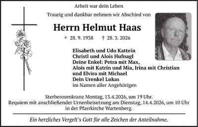 Traueranzeige Helmut Haas