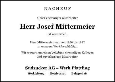 Traueranzeige Josef Mittermeier