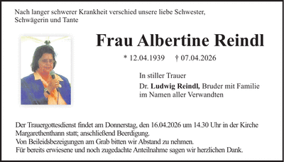 Traueranzeige Albertine Reindl