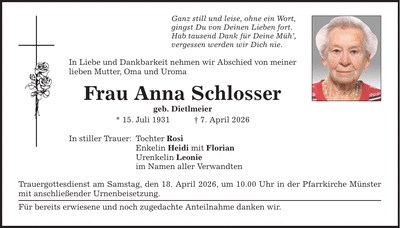 Traueranzeige Anna Schlosser