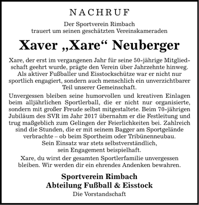 Traueranzeige Xaver Neuberger