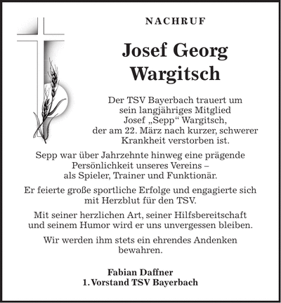 Traueranzeige Josef Georg Wargitsch