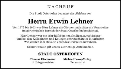 Traueranzeige Erwin Lehner