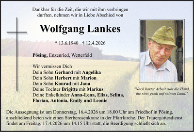 Traueranzeige Wolfgang Lankes