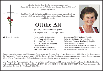 Traueranzeige Ottilie Alt
