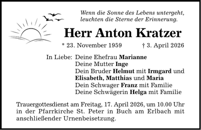 Traueranzeige Anton Kratzer
