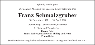 Traueranzeige Franz Schmalzgruber