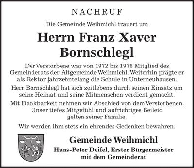 Traueranzeige Franz Xaver Bornschlegl