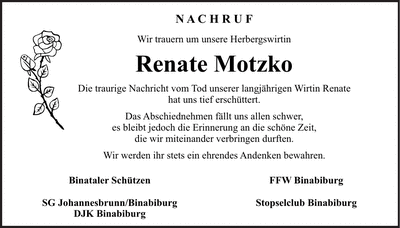 Traueranzeige Renate Motzko