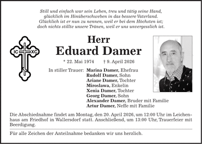 Traueranzeige Eduard Damer