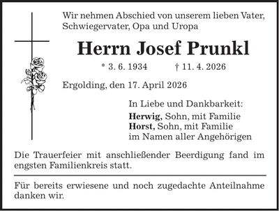 Traueranzeige Josef Prunkl