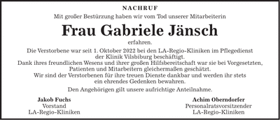 Traueranzeige Gabriele Jänsch
