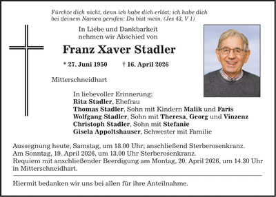 Traueranzeige Xaver Stadler