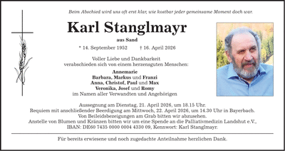 Traueranzeige Karl Stanglmayr