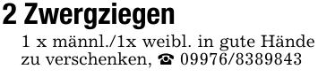 2 Zwergziegen 1 x männl./1x weibl. in gute Hände zu verschenken, _ 09976/8389843