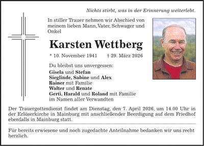 Traueranzeige Karsten Wettberg