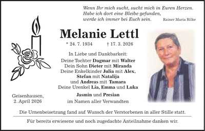 Traueranzeige Melanie Lettl