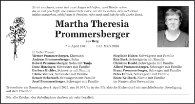 Traueranzeige Martha Theresia Prommersberger