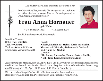 Traueranzeige Anna Hornauer