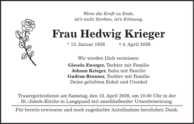 Traueranzeige Hedwig Krieger