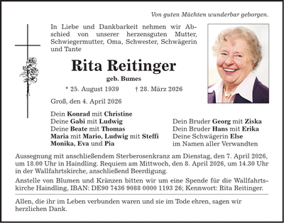 Traueranzeige Rita Reitinger