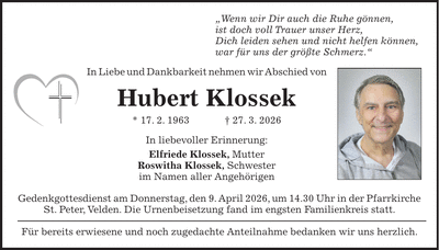 Traueranzeige Hubert Klossek