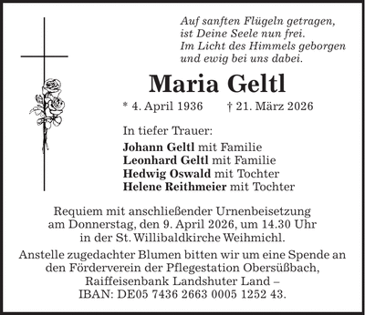 Traueranzeige Maria Geltl
