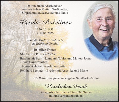 Traueranzeige Gerda Anleitner