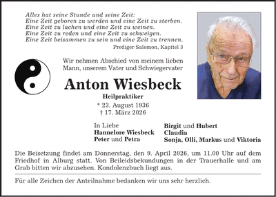 Traueranzeige Anton Wiesbeck