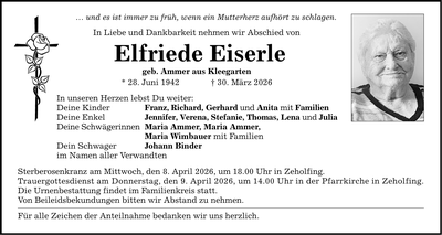 Traueranzeige Elfriede Eiserle
