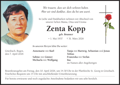 Traueranzeige Zenta Kopp