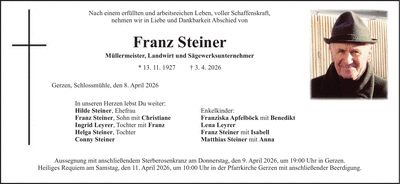 Traueranzeige Franz Steiner