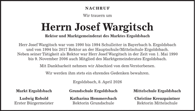 Traueranzeige Josef Wargitsch