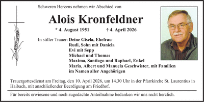 Traueranzeige Alois Kronfeldner