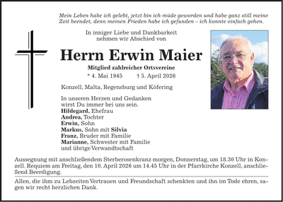 Traueranzeige Erwin Maier