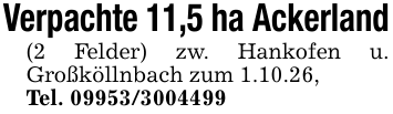 Verpachte 11,5 ha Ackerland(2 Felder) zw. Hankofen u. Großköllnbach zum 1.10.26,Tel. 09953/3004499